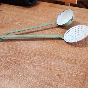 Vintage 1950's Green Enamelware strainer and ladle